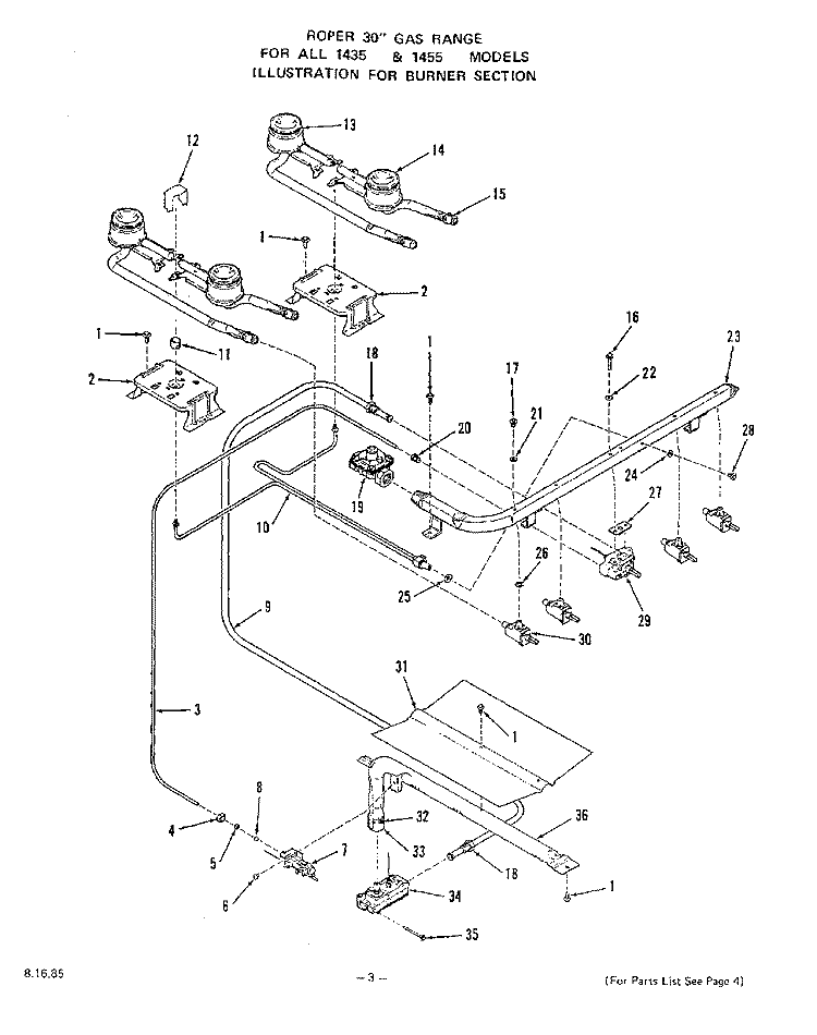 BODY Diagram and Parts List for 1435W0A  Roper Range