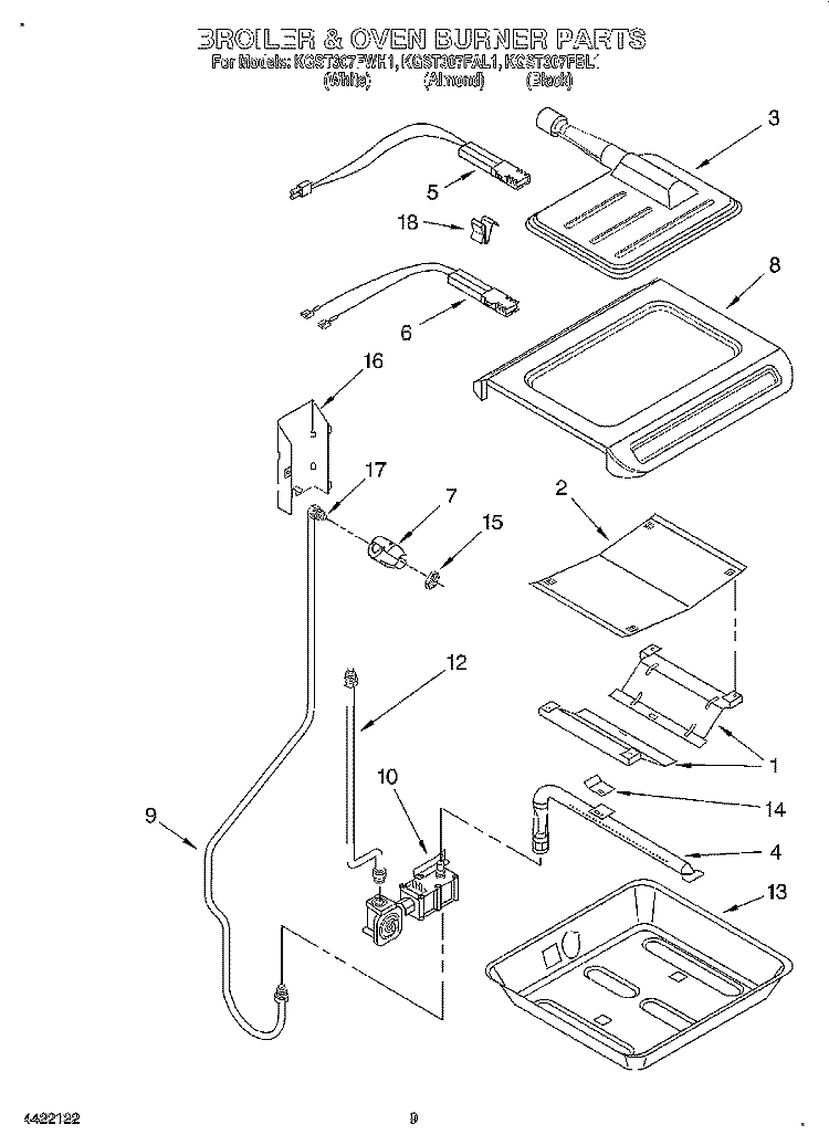 BROILER AND OVEN BURNER Diagram and Parts List for KGST307FAL1  KitchenAid Range
