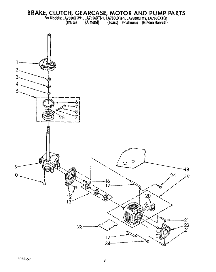 BRAKE, CLUTCH, GEARCASE, MOTOR AND PUMP Diagram and Parts List for LA7800XTM1  Whirlpool Washer