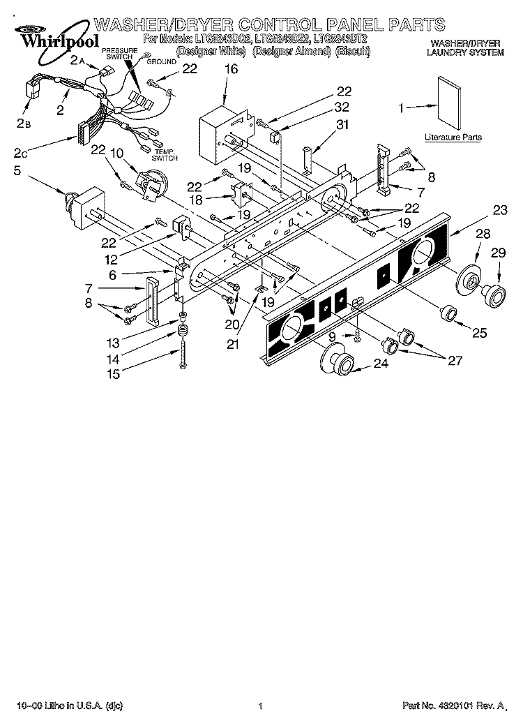 WASHER/DRYER CONTROL PANEL, LITERAT Diagram and Parts List for LTG5243DT2  Whirlpool Washer Dryer Combo