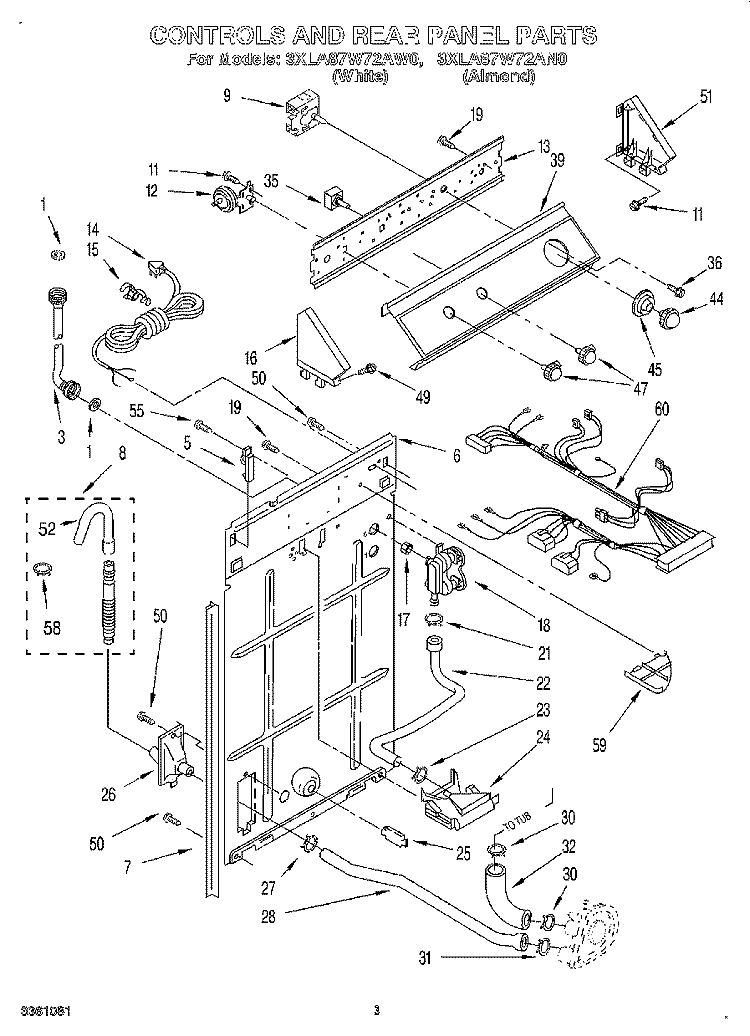 CONTROL AND REAR PANEL Diagram and Parts List for 3XLA87W72AW0  Whirlpool Washer