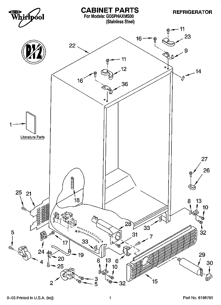CABINET PARTS Diagram and Parts List for GD5PHAXMS00  Whirlpool Refrigerator