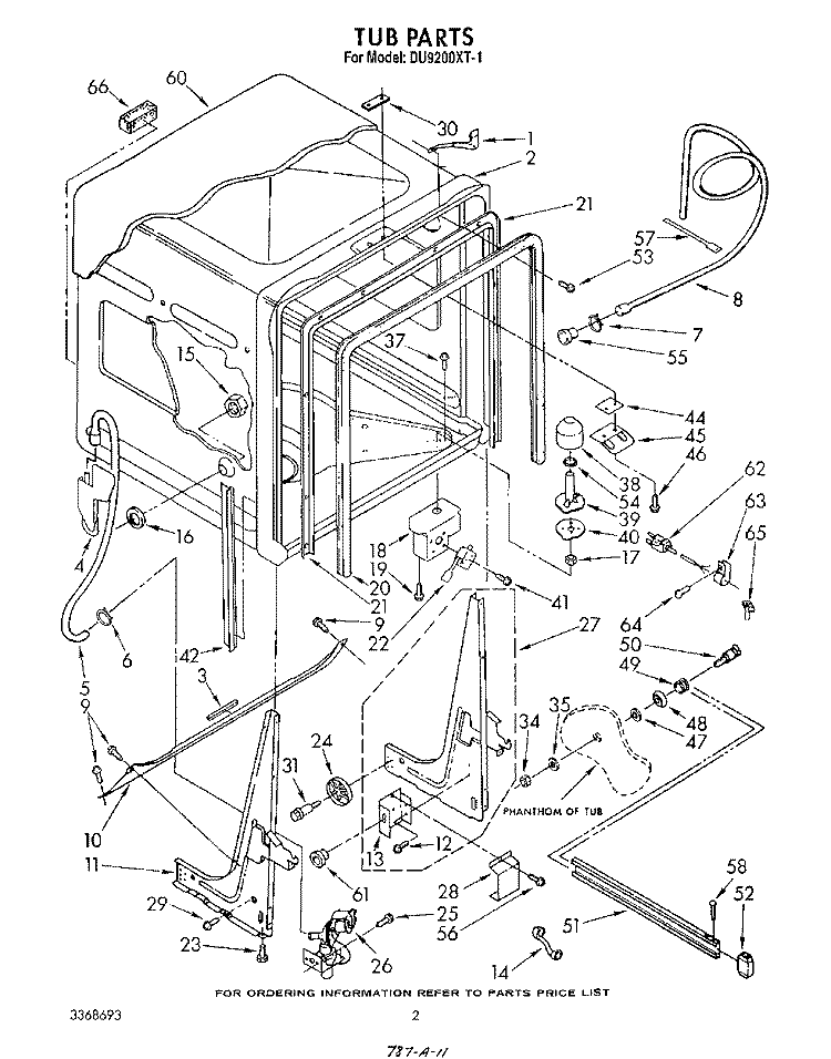 TUB , LITERATURE AND OPTIONAL Diagram and Parts List for DU9200XT1  Whirlpool Dishwasher