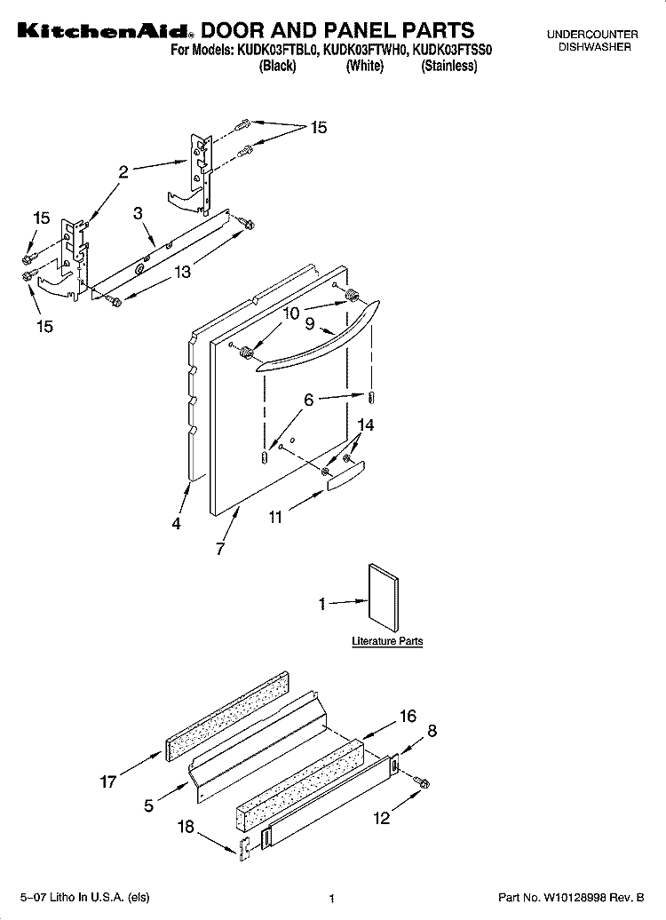 DOOR AND PANEL PARTS Diagram and Parts List for KUDK03FTBL0  KitchenAid Dishwasher