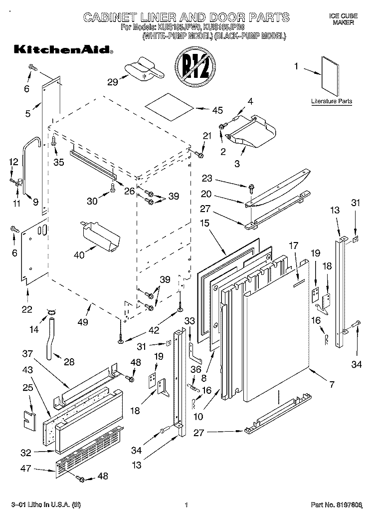 CABINET LINER AND DOOR, LITERATURE Diagram and Parts List for KUIS185JPW0  KitchenAid Ice Maker