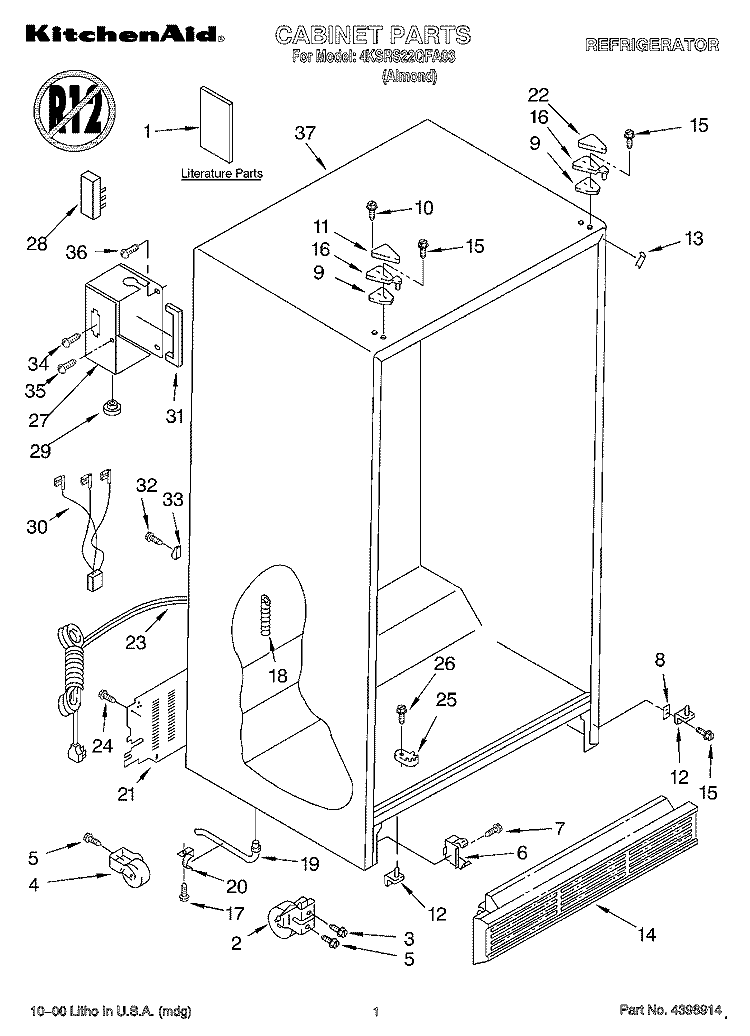 CABINET, LITERATURE Diagram and Parts List for 4KSRS22QFA03  KitchenAid Refrigerator