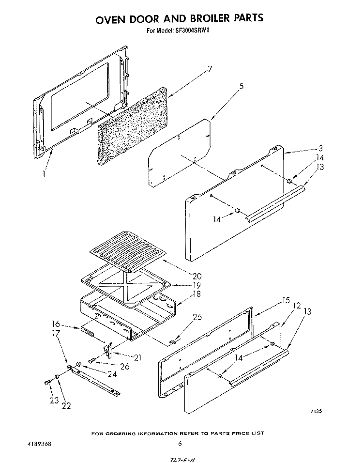 OVEN DOOR AND BROILER Diagram and Parts List for SF3004SRW1  Whirlpool Range