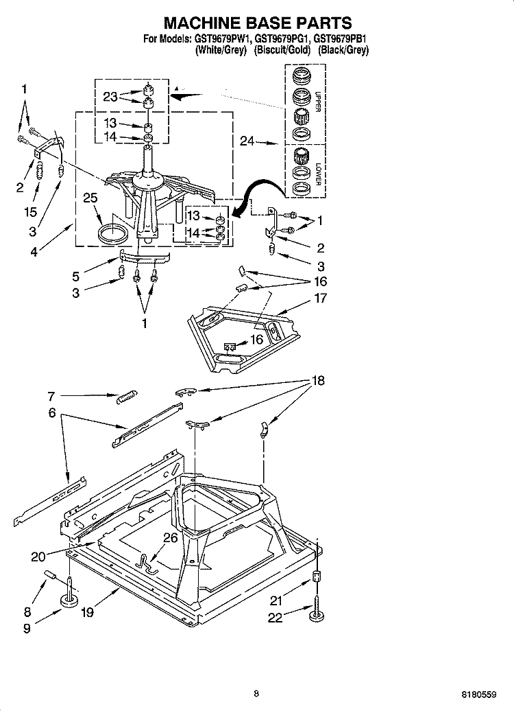 MACHINE BASE PARTS Diagram and Parts List for GST9679PW1  Whirlpool Washer