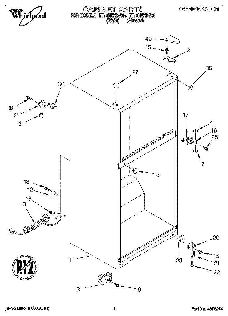 CABINET Diagram and Parts List for ET14NKXDW01  Whirlpool Refrigerator