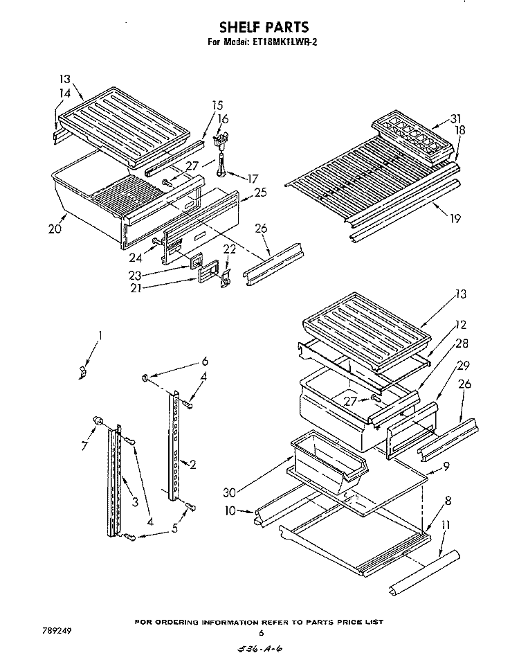 SHELF Diagram and Parts List for ET18MK1LWR2  Whirlpool Refrigerator