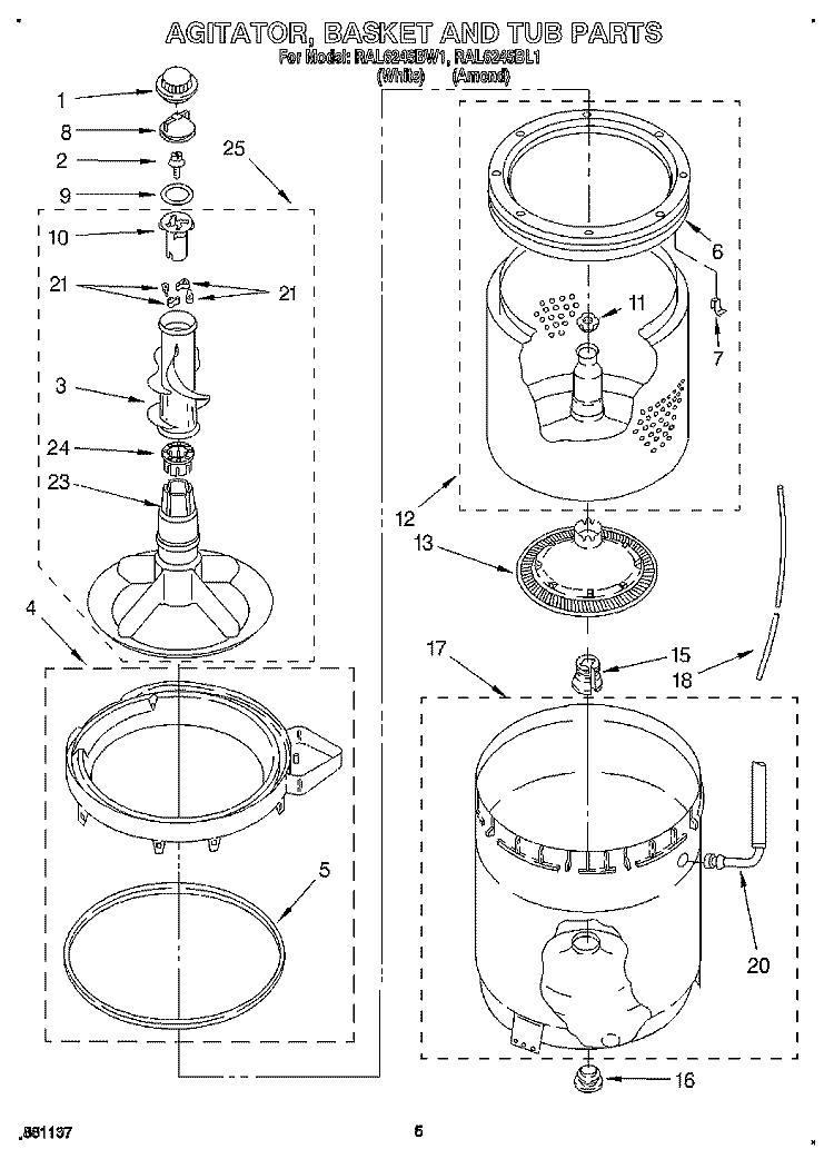 AGITATOR, BASKET AND TUB Diagram and Parts List for RAL6245BL1  Whirlpool Washer