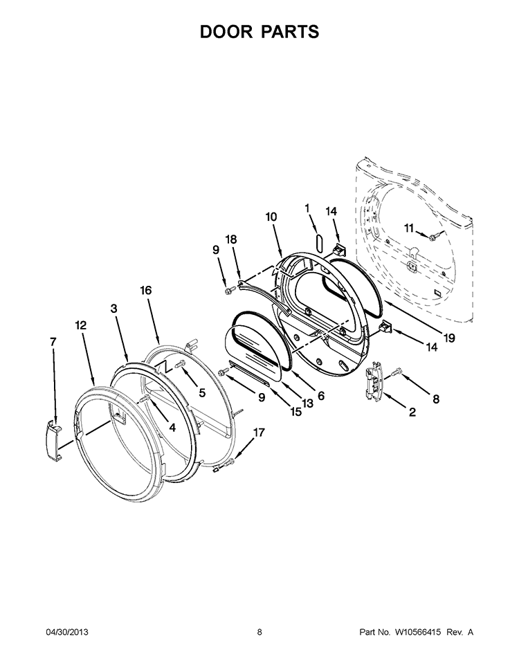DOOR PARTS Diagram and Parts List for CED8990XW1  Whirlpool Dryer