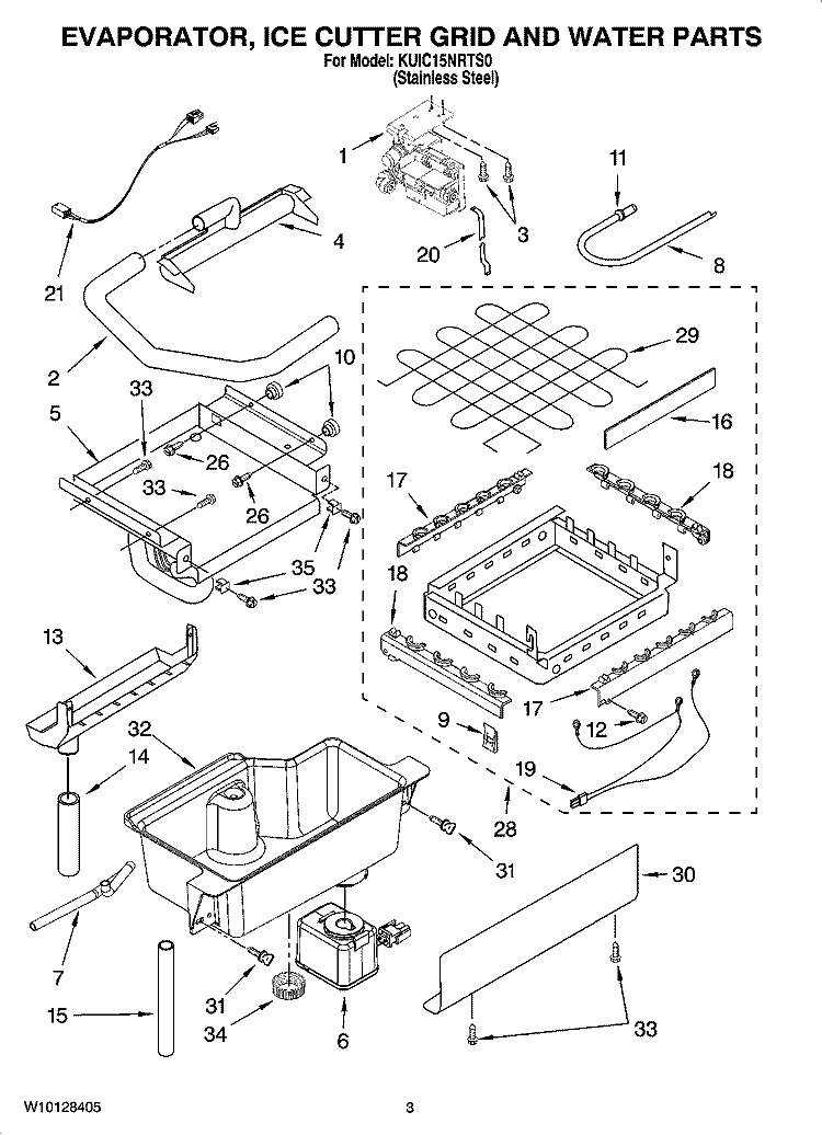 EVAPORATOR, ICE CUTTER GRID AND WATER PARTS Diagram and Parts List for KUIC15NRTS0  KitchenAid Ice Maker