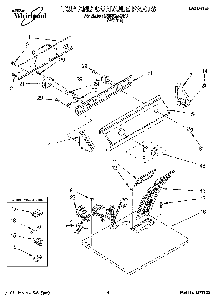 TOP AND CONSOLE, LIT/OPTIONAL Diagram and Parts List for LGR3624BW0  Whirlpool Dryer
