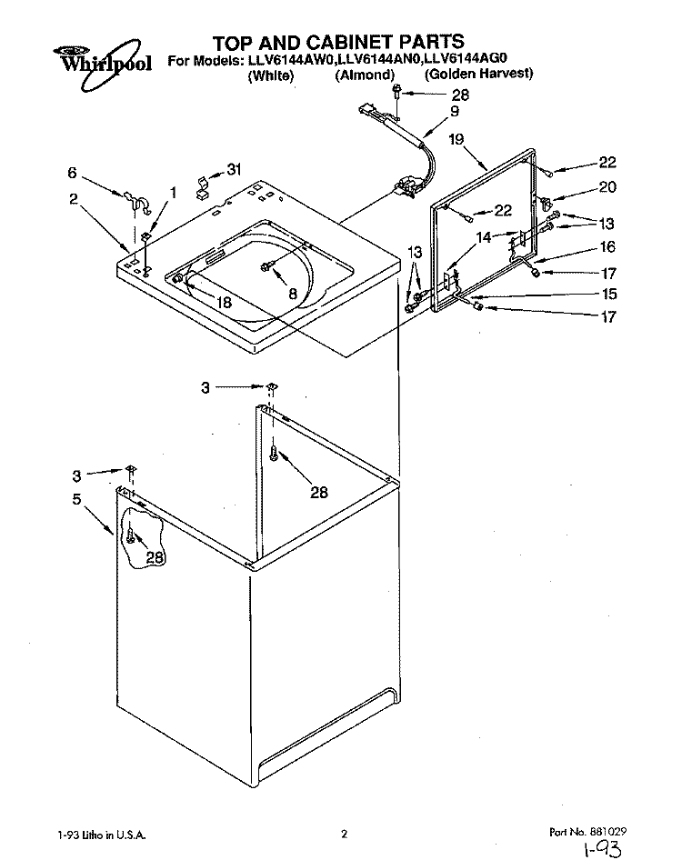 TOP AND CABINET, LIT/OPTIONAL Diagram and Parts List for LLV6144AG0  Whirlpool Washer