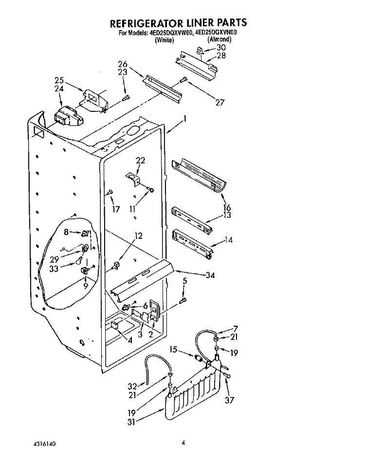 REFRIGERATOR LINER Diagram and Parts List for 4ED25DQXVN00  Whirlpool Refrigerator
