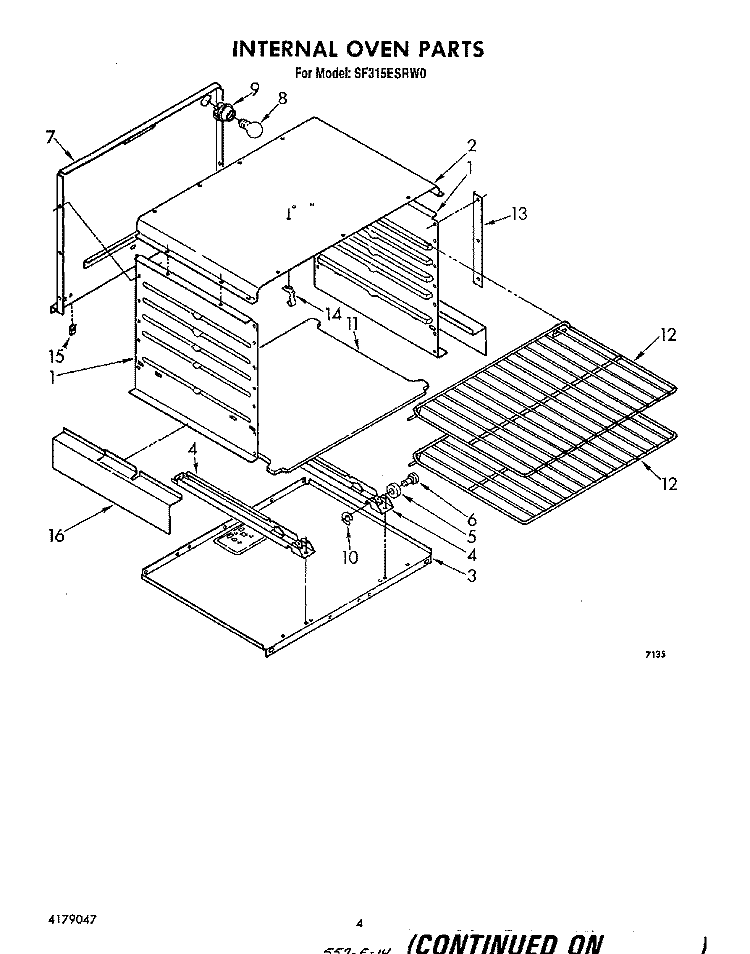 INTERNAL OVEN Diagram and Parts List for SF315ESRW0  Whirlpool Range