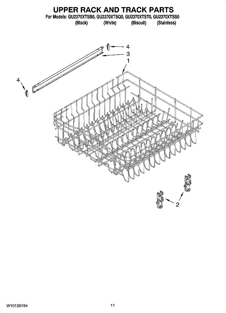 UPPER RACK AND TRACK PARTS Diagram and Parts List for GU2370XTST0  Whirlpool Dishwasher
