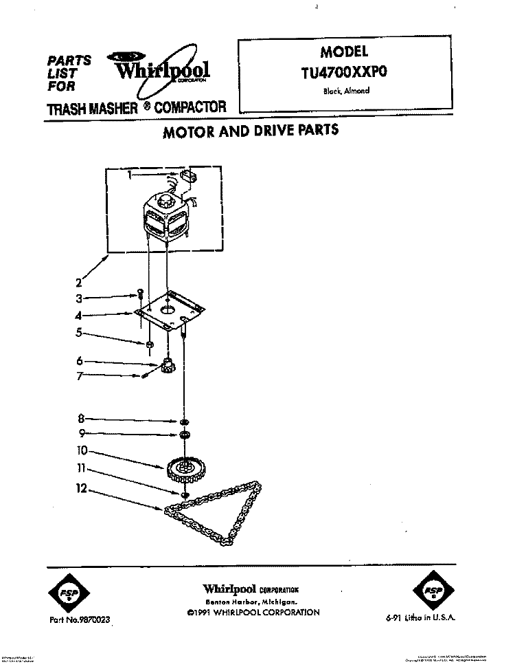 MOTOR AND DRIVE, LIT/OPTIONAL Diagram and Parts List for TU4700XXP0  Whirlpool Trash Compactor
