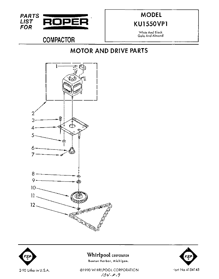 MOTOR AND DRIVE , LIT/OPTIONAL Diagram and Parts List for KU1550VP1  Roper Trash Compactor