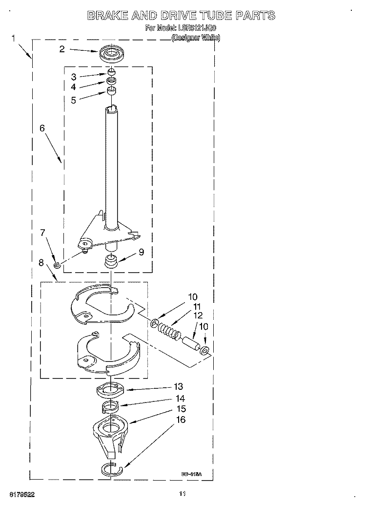BRAKE AND DRIVE TUBE Diagram and Parts List for LSR5121JQ0  Whirlpool Washer