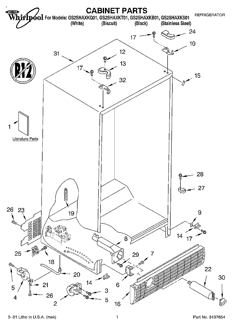 CABINET, LITERATURE Diagram and Parts List for GS2SHAXKB01  Whirlpool Refrigerator