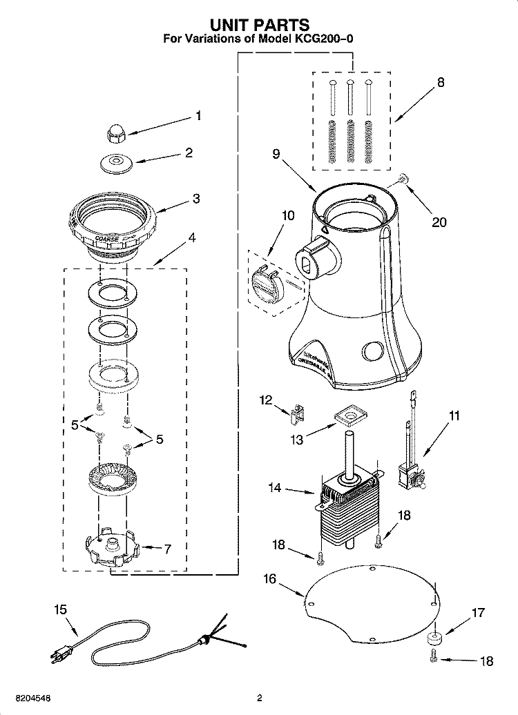 UNIT PARTS Diagram and Parts List for KCG200-0  KitchenAid Coffee Grinder