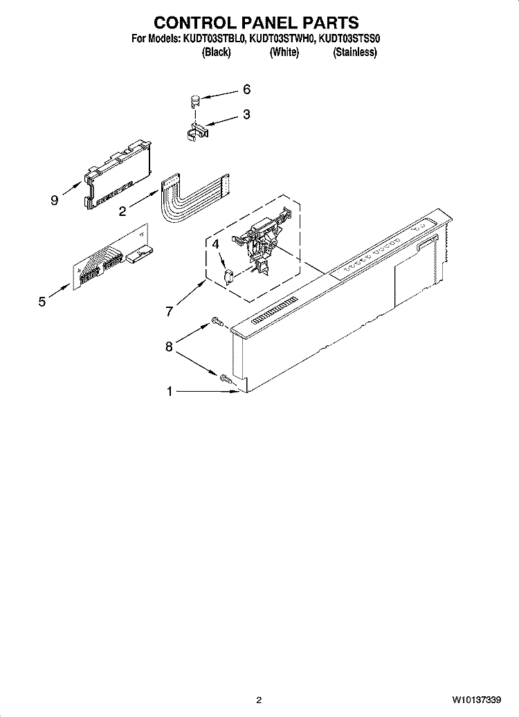 CONTROL PANEL PARTS Diagram and Parts List for KUDT03STSS0  KitchenAid Dishwasher
