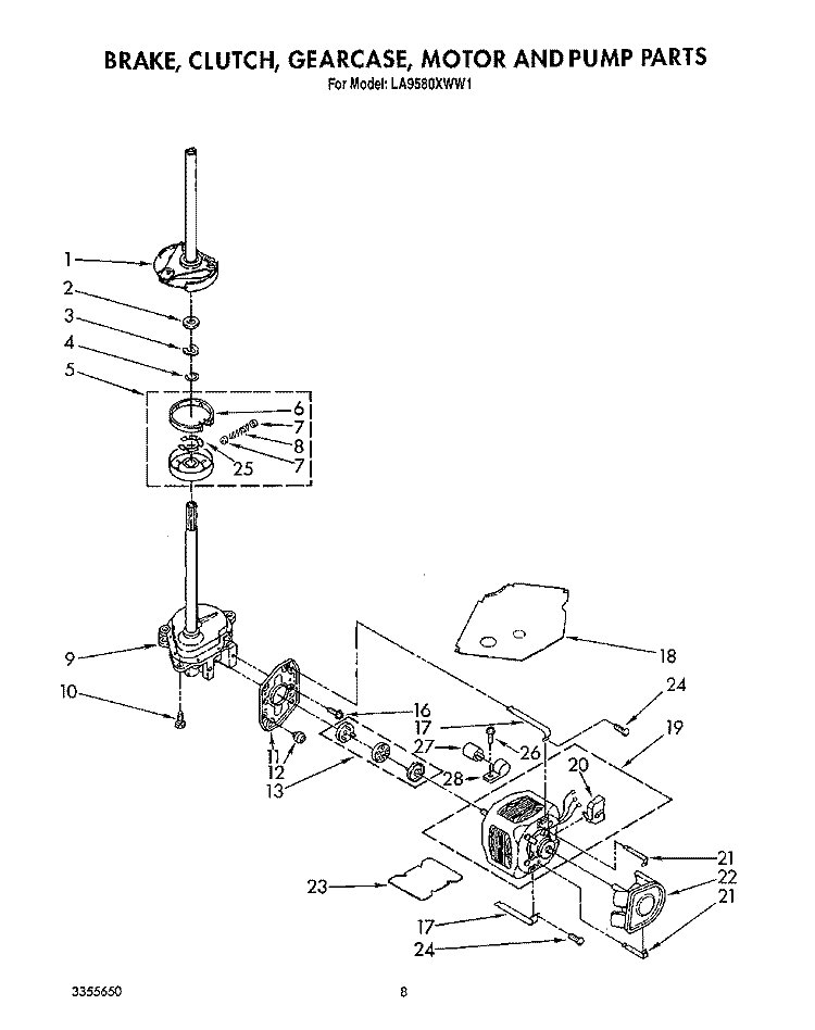 BRAKE, CLUTCH, GEARCASE, MOTOR AND PUMP Diagram and Parts List for LA9580XWF1  Whirlpool Washer