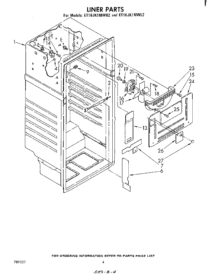 LINER Diagram and Parts List for ET16JK1MWR2  Whirlpool Refrigerator
