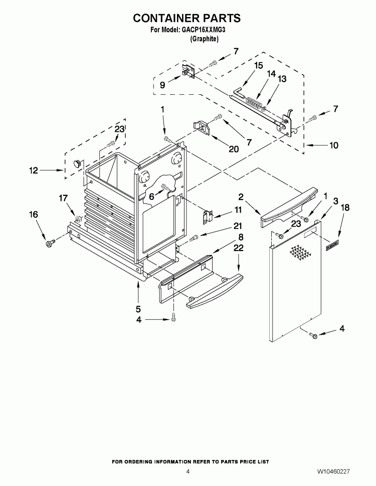 CONTAINER PARTS Diagram and Parts List for GACP15XXMG3  Whirlpool Trash Compactor