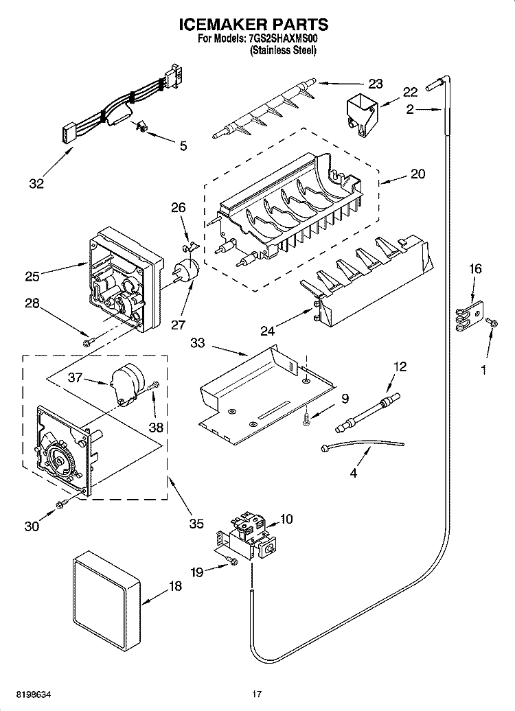 ICEMAKER PARTS Diagram and Parts List for 7GS2SHAXMS00  Whirlpool Refrigerator