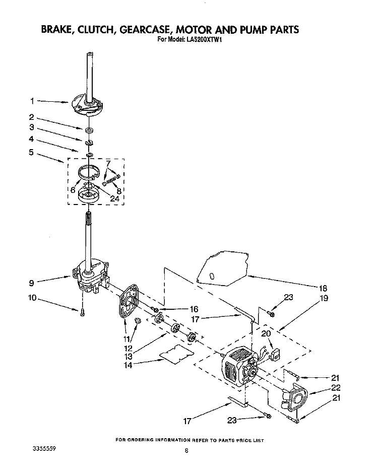 BRAKE, CLUTCH, GEARCASE, MOTOR AND PUMP Diagram and Parts List for LA5200XTG1  Whirlpool Washer