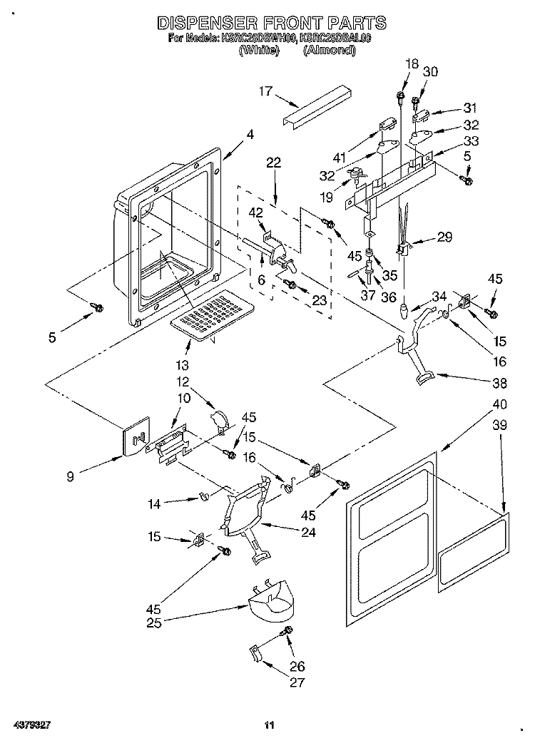 DISPENSER FRONT Diagram and Parts List for KSRC25DBAL00  KitchenAid Refrigerator