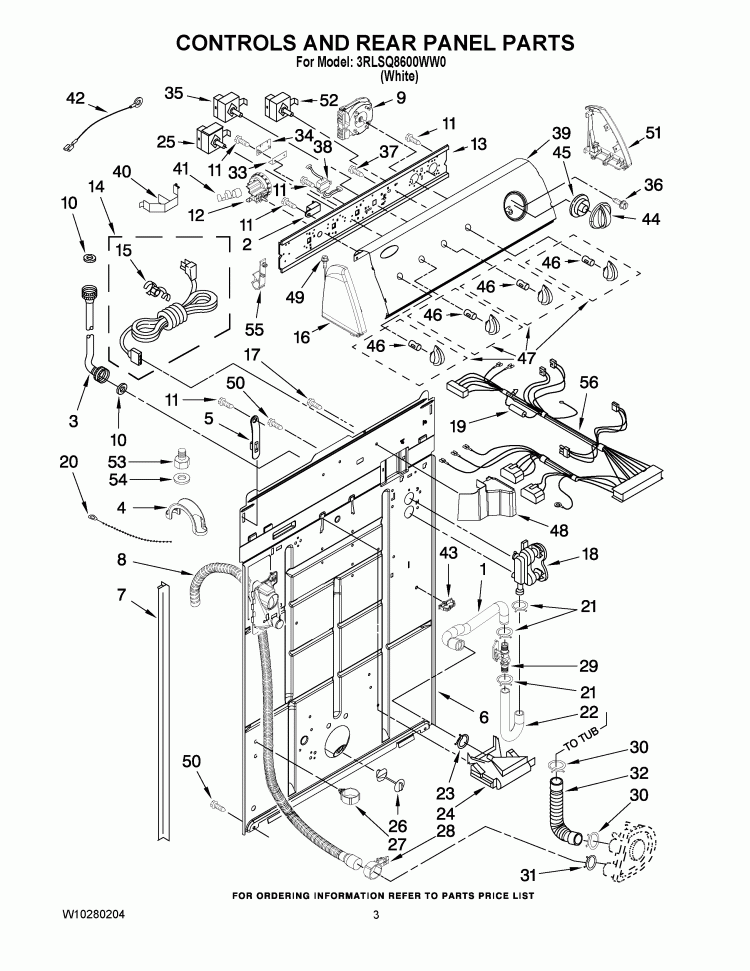 CONTROLS AND REAR PANEL PARTS Diagram and Parts List for 3RLSQ8600WW0  Whirlpool Washer