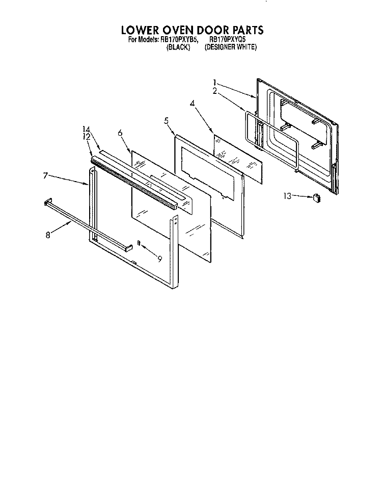 LOWER OVEN DOOR Diagram and Parts List for RB170PXYQ5  Whirlpool Wall Oven