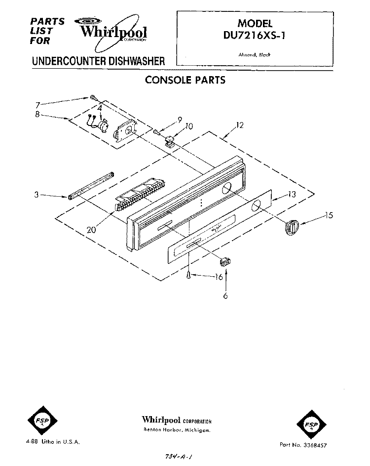 CONSOLE Diagram and Parts List for DU7216XS1  Whirlpool Dishwasher