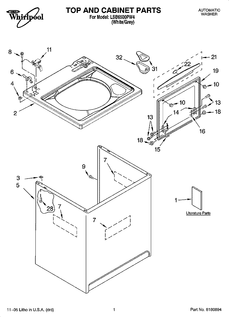 TOP AND CABINET PARTS Diagram and Parts List for LSB6500PW4  Whirlpool Washer