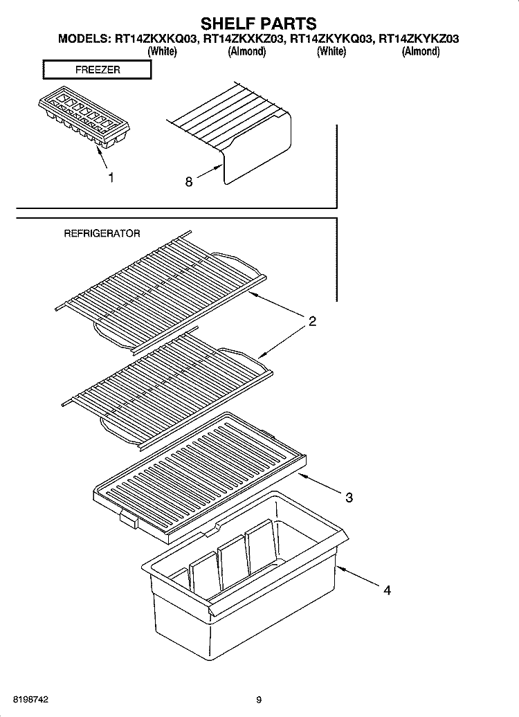 SHELF PARTS, OPTIONAL PARTS Diagram and Parts List for RT14ZKYKZ03  Roper Refrigerator