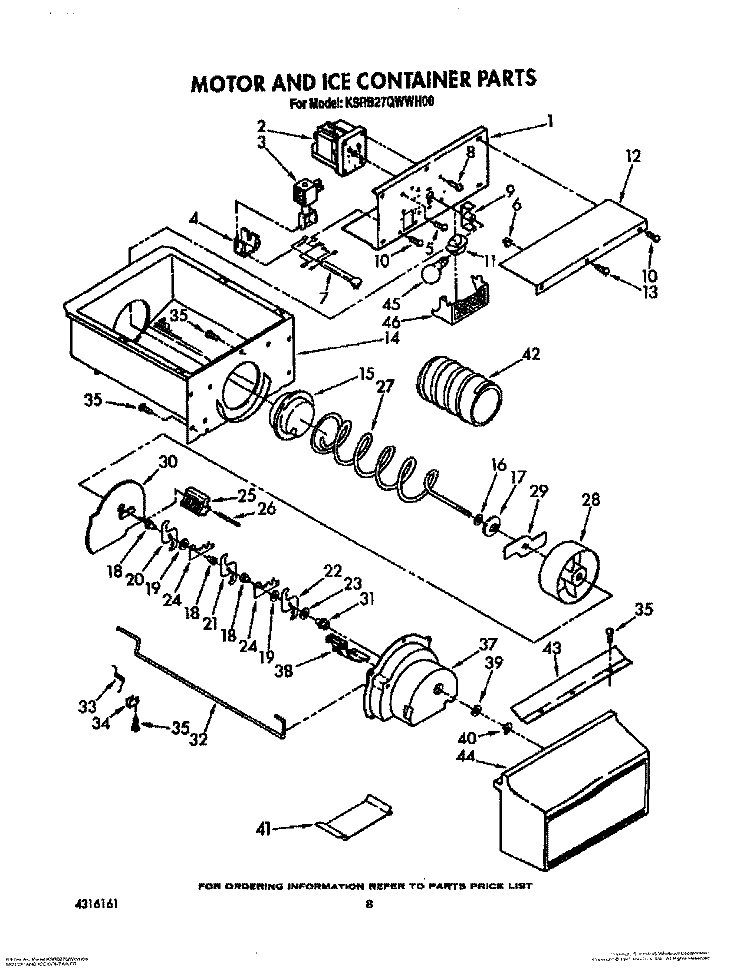 MOTOR AND ICE CONTAINER Diagram and Parts List for KSRB27QWWH00  KitchenAid Refrigerator