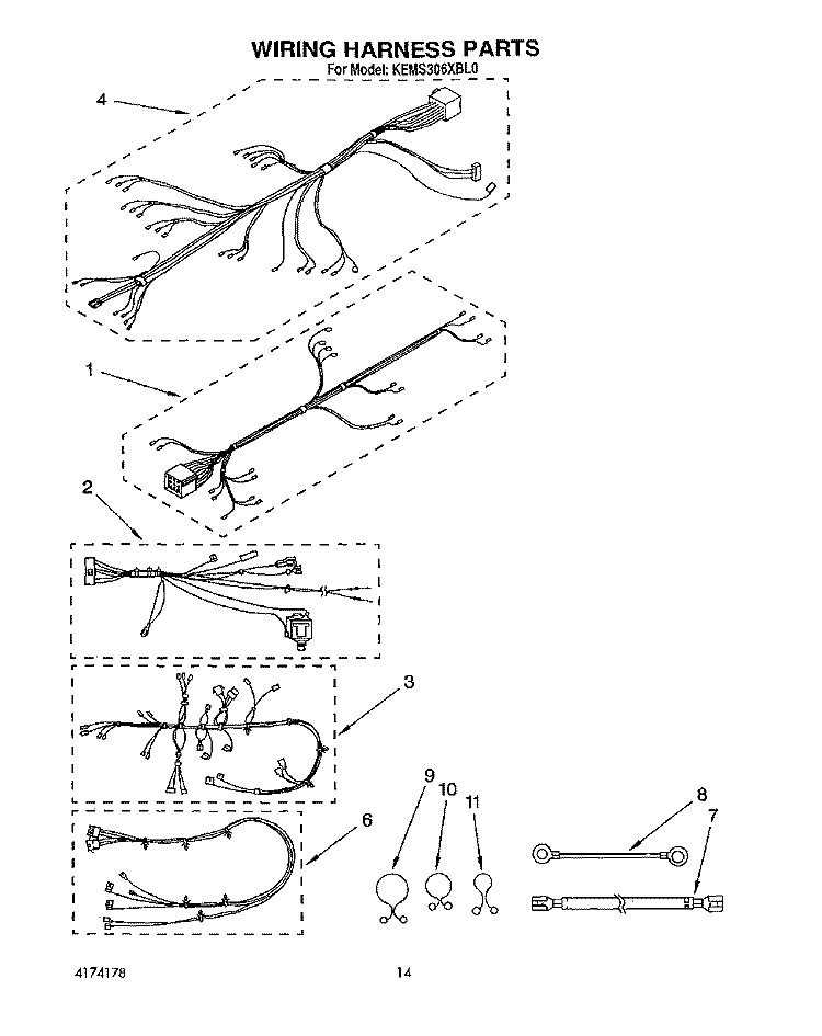 WIRING HARNESS Diagram and Parts List for KEMS306XWH0  KitchenAid Wall Oven
