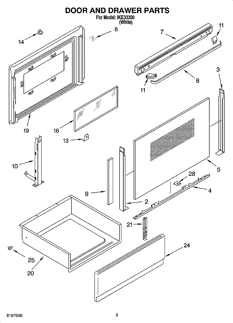 DOOR AND DRAWER PARTS Diagram and Parts List for IKE33300  Inglis Range