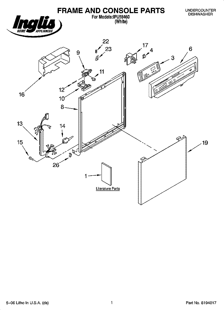 FRAME AND CONSOLE PARTS Diagram and Parts List for IPU58460  Inglis Dishwasher