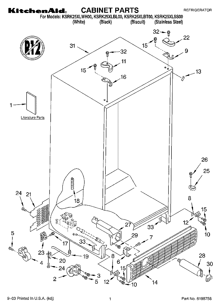 CABINET PARTS Diagram and Parts List for KSRK25XLBT00  KitchenAid Refrigerator