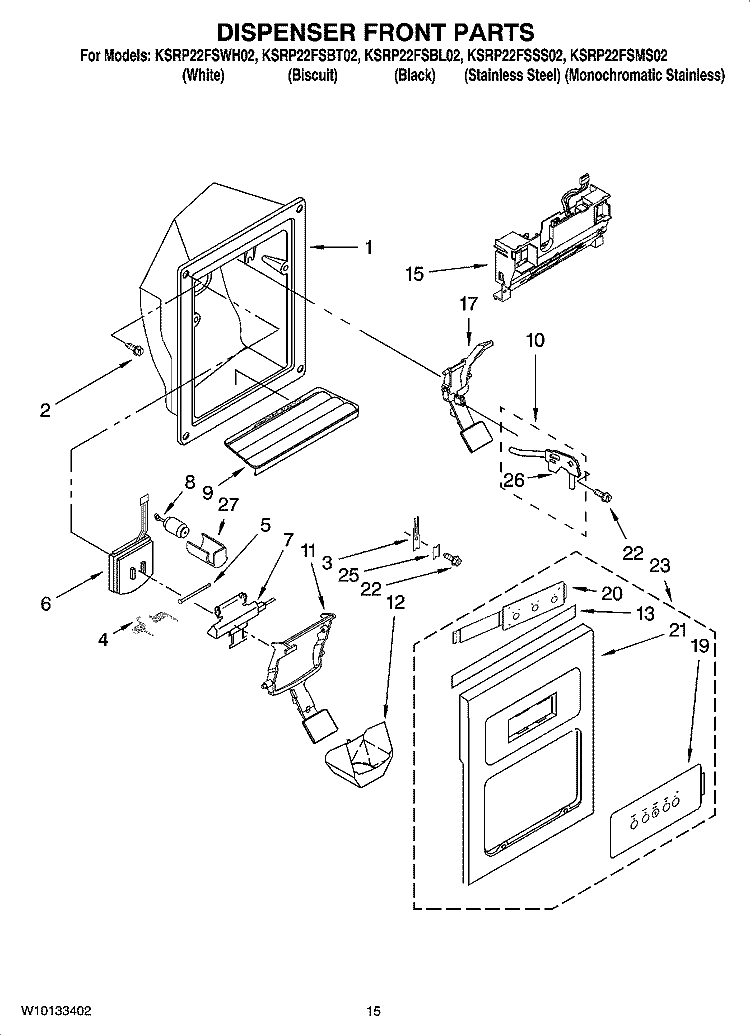 DISPENSER FRONT PARTS Diagram and Parts List for KSRP22FSMS02  KitchenAid Refrigerator