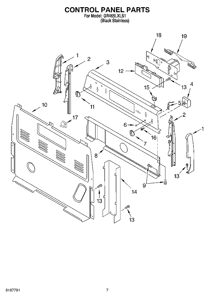 CONTROL PANEL PARTS, MISCELLANEOUS PARTS Diagram and Parts List for GR465LXLS1  Whirlpool Range