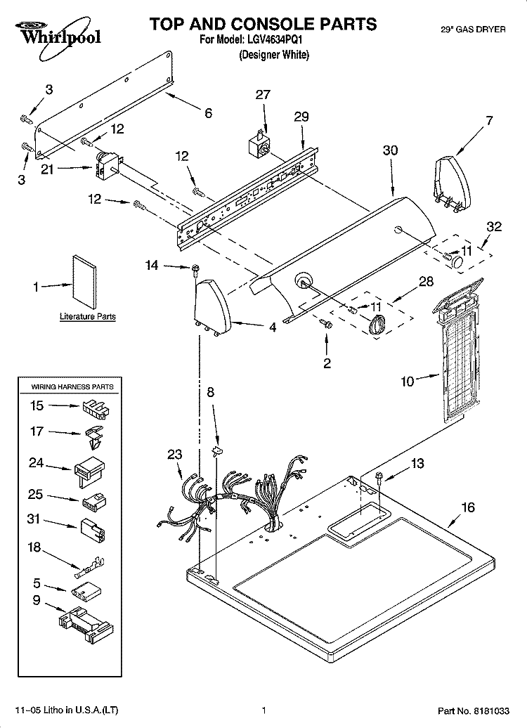 TOP AND CONSOLE PARTS Diagram and Parts List for LGV4634PQ1  Whirlpool Dryer