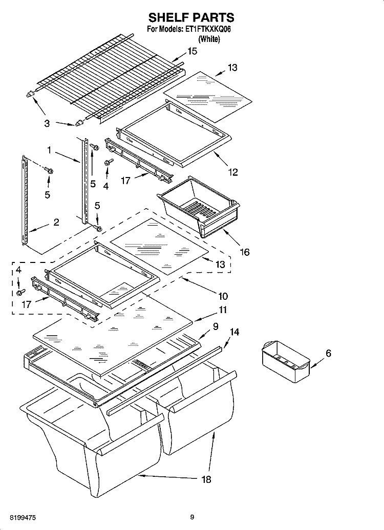 SHELF PARTS, OPTIONAL PARTS Diagram and Parts List for ET1FTKXKQ06  Whirlpool Refrigerator