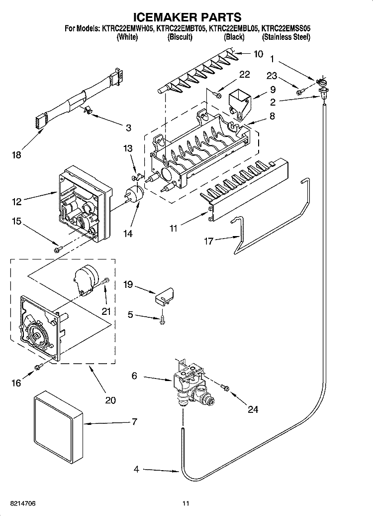 ICEMAKER PARTS Diagram and Parts List for KTRC22EMBT05  KitchenAid Refrigerator