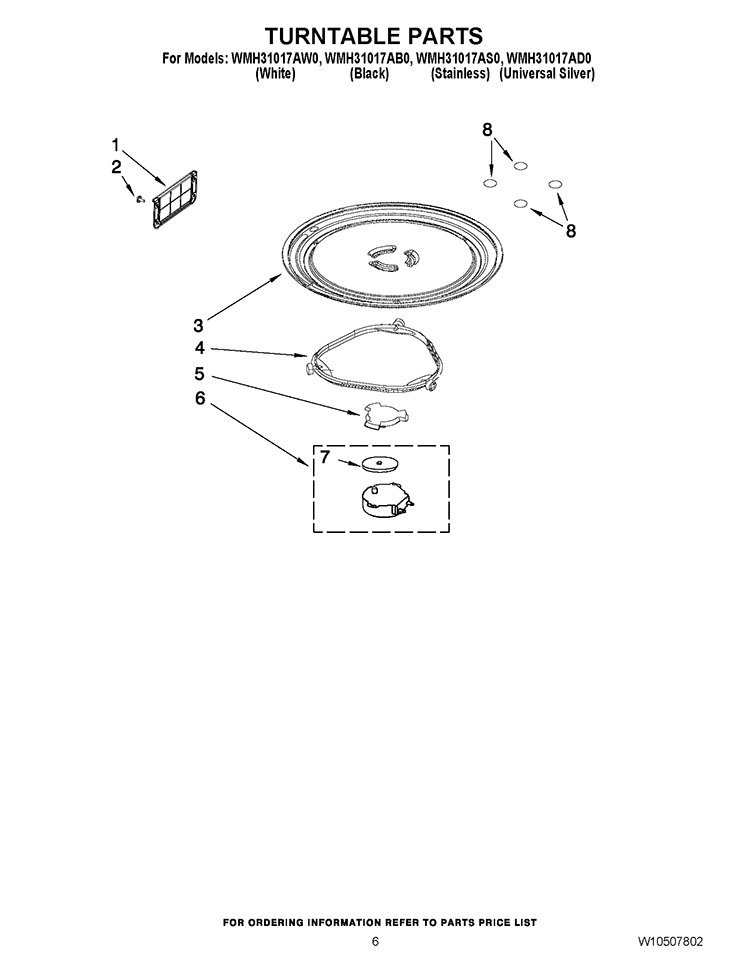 TURNTABLE PARTS Diagram and Parts List for WMH31017AB0  Whirlpool Microwave